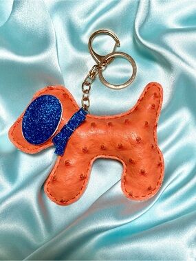 Orange Puppy leather Keychain Ostrich Blue Glitter Accent New